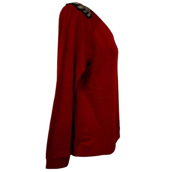 Jeans By Buffalo XL Embellished Beaded Shoulders Knit Top Crimson Cotton NEW - Picture 2 of 5